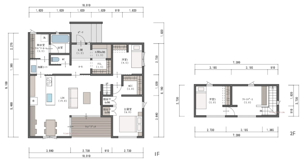 3LDK29坪。キッチンと水回りが一直線に並ぶ、1階主寝室の間取り。