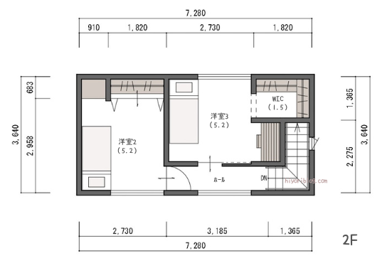 4LDK31坪　キッチン水回りが一直線に並ぶ1階主寝室の間取り-2F-