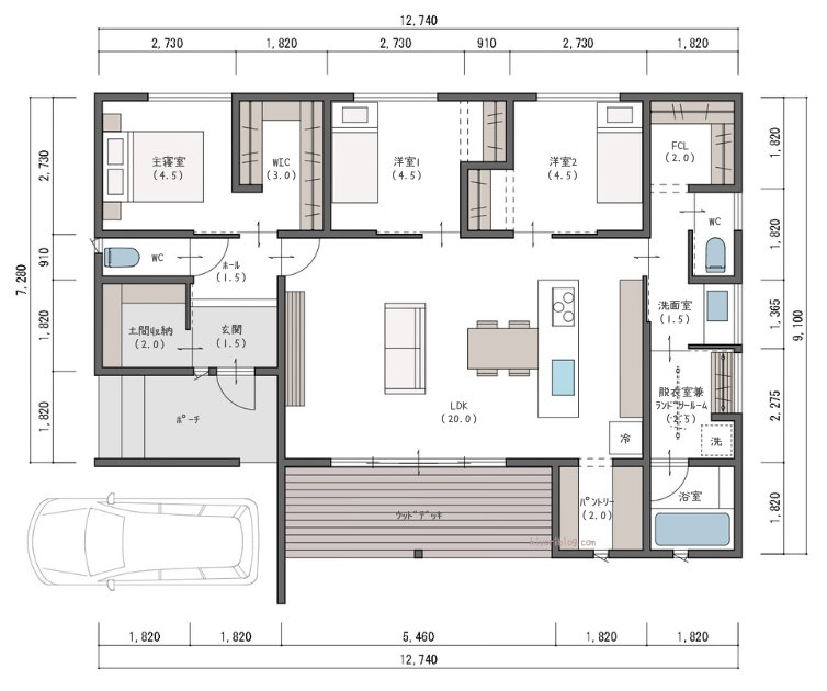 3LDK28坪　広いテラスのある平屋の間取り