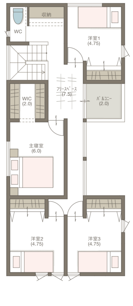 5LD36坪　中庭のある細長い総二階の間取り　2階