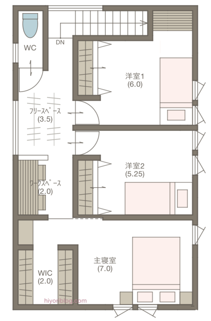 4LDK35坪　外と内が緩やかにつながる明るいリビングのL字の間取り　2階