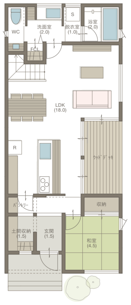 5LD36坪　中庭のある細長い総二階の間取り　1階