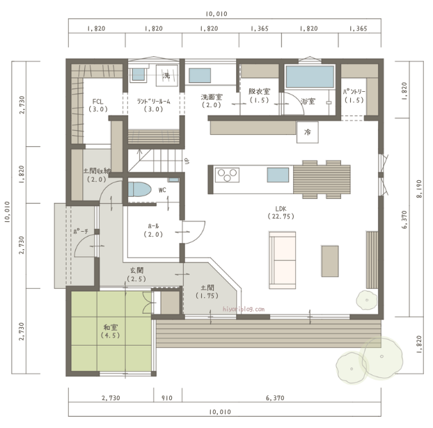 2階建、4LDK、39坪。玄関まわり充実。玄関直通の和室と土間リビングのある間取り。1階