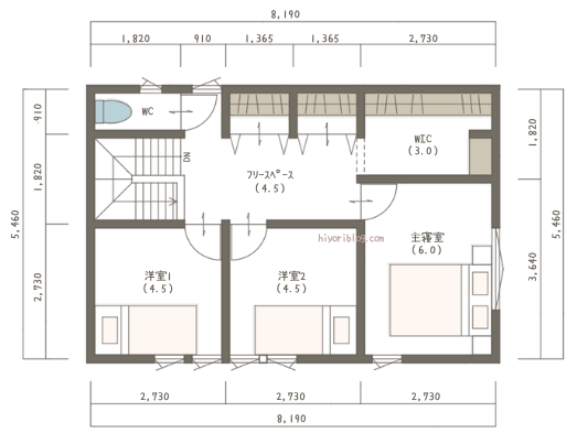 2階建、4LDK、39坪。玄関まわり充実。玄関直通の和室と土間リビングのある間取り。2階