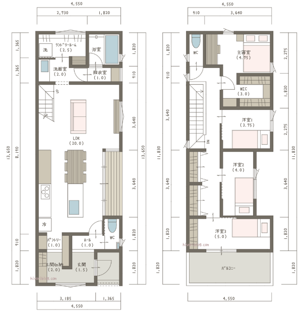 2階建、4LDK、32坪。細長くても中庭で明るさを確保した回遊動線のある間取り。